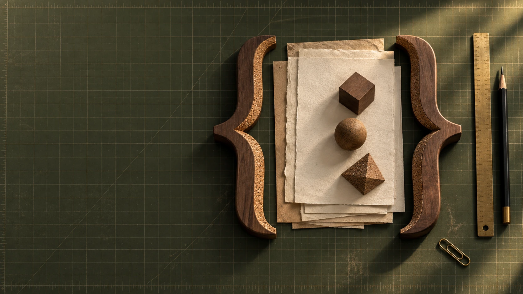 Wooden and cork braces surrounding paper and geometric objects on an olive cutting mat