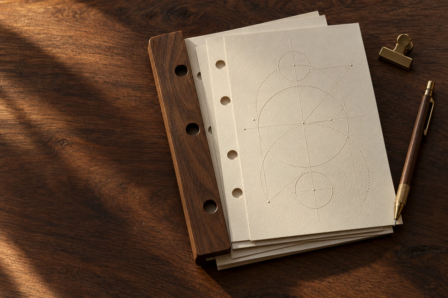 Cream study sheets on a walnut work surface