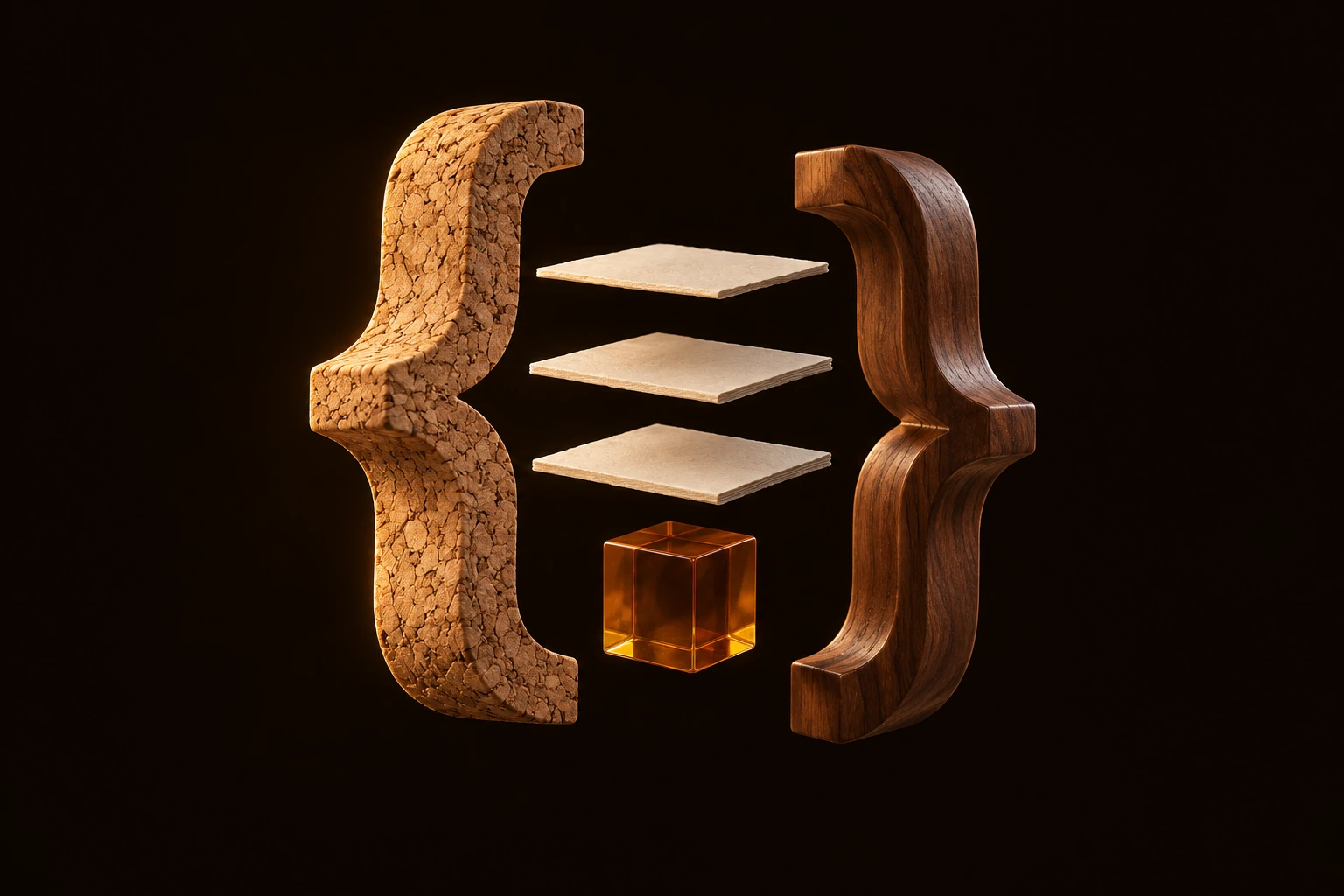 Separated cork and walnut braces containing layers of paper and an amber cube